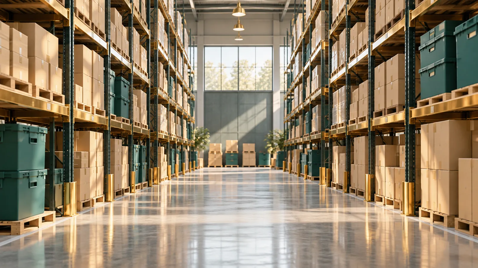 A bright, orderly warehouse aisle stacked with boxes