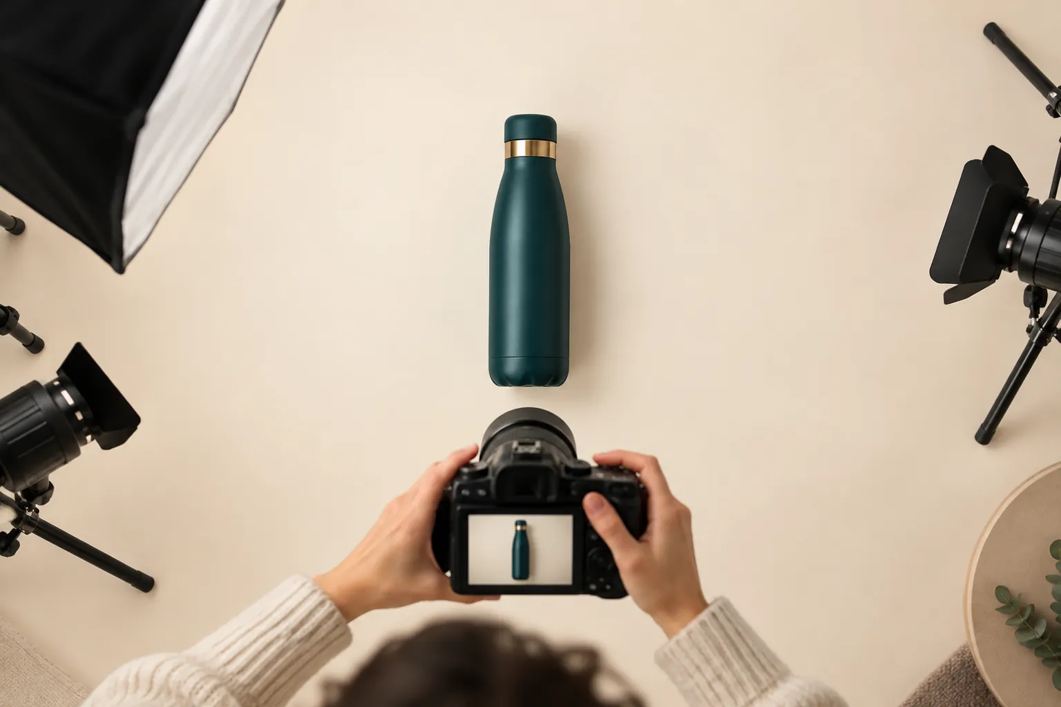 Overhead view of a teal water bottle being photographed in a studio