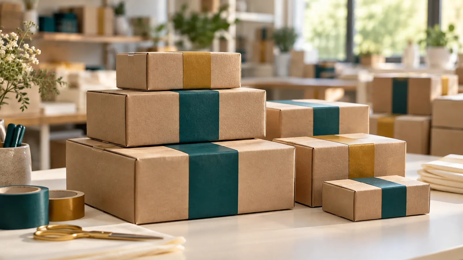 Parcels sealed with teal and gold tape, ready to ship