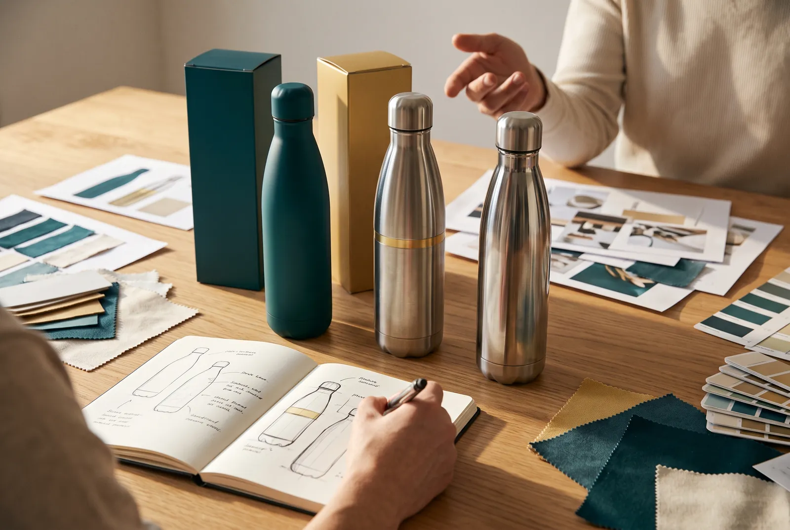 Bottle samples, packaging and sketches on a product design table