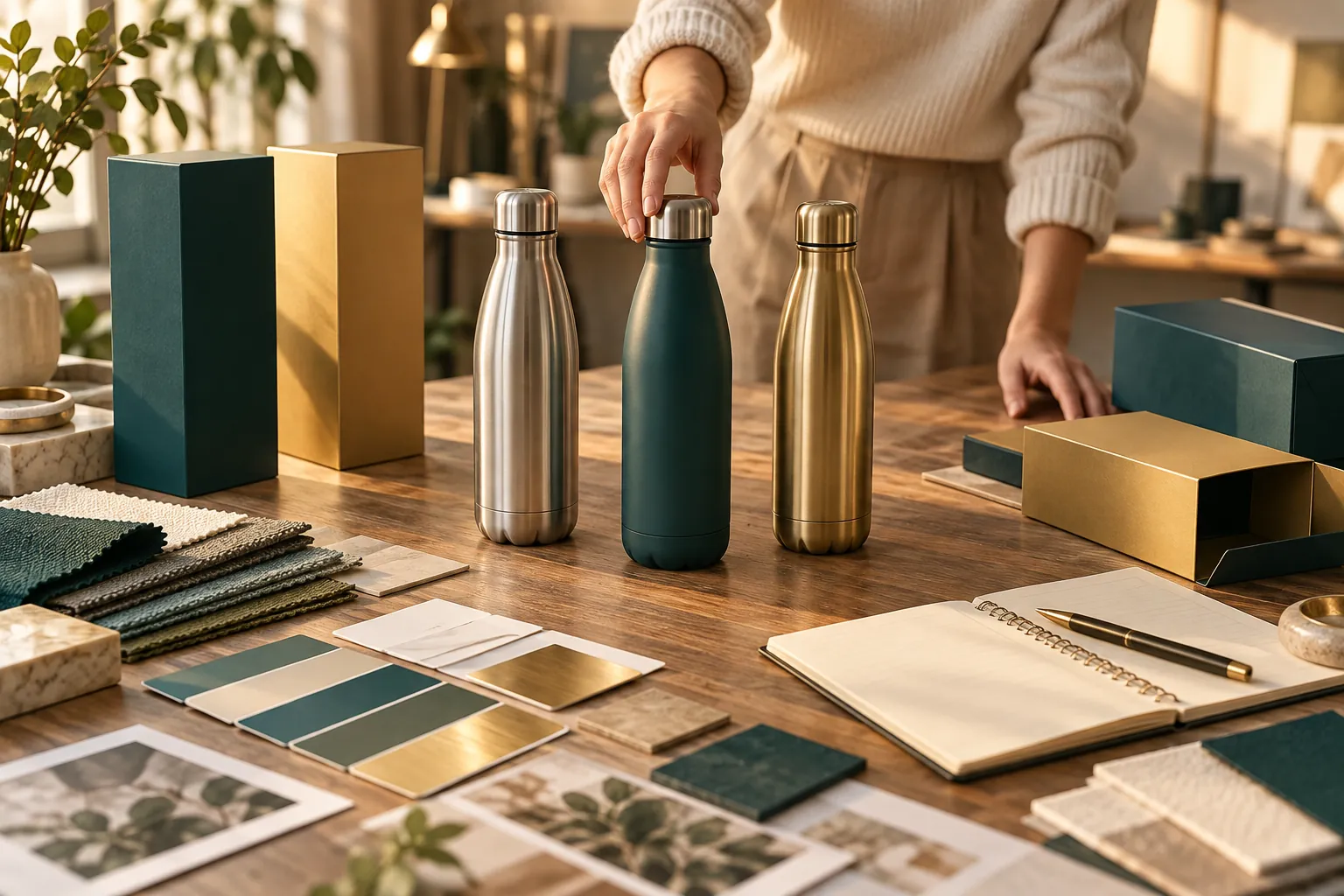 Comparing bottle samples and packaging on a design table